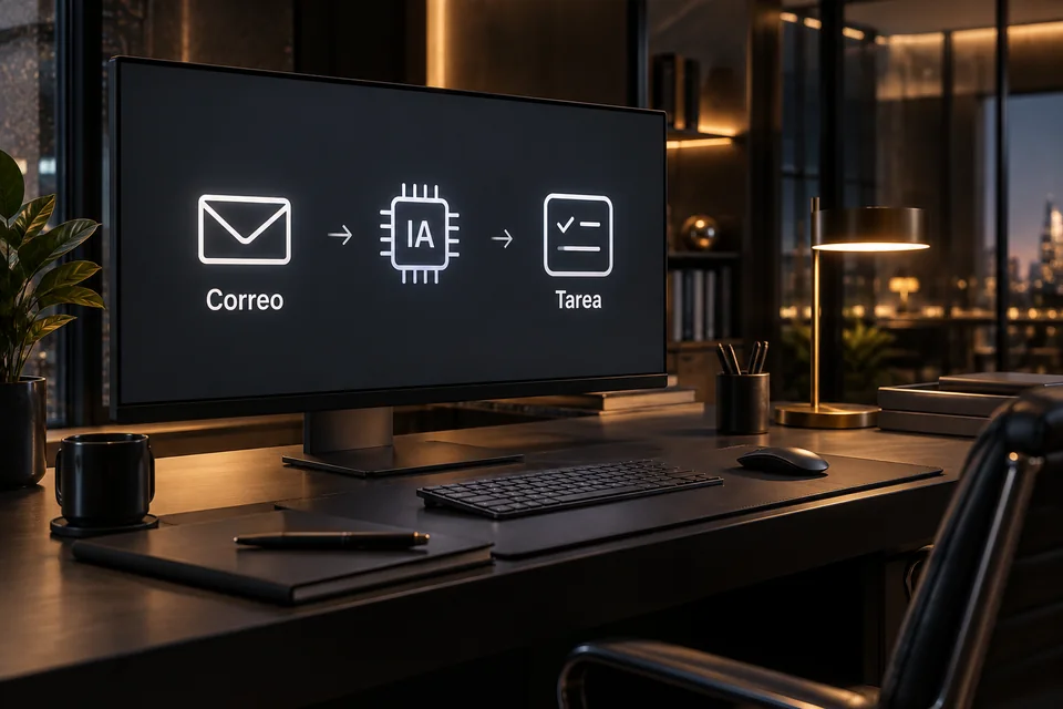 Estación de trabajo con un monitor que muestra el proceso ilustrativo Correo, IA y Tarea.